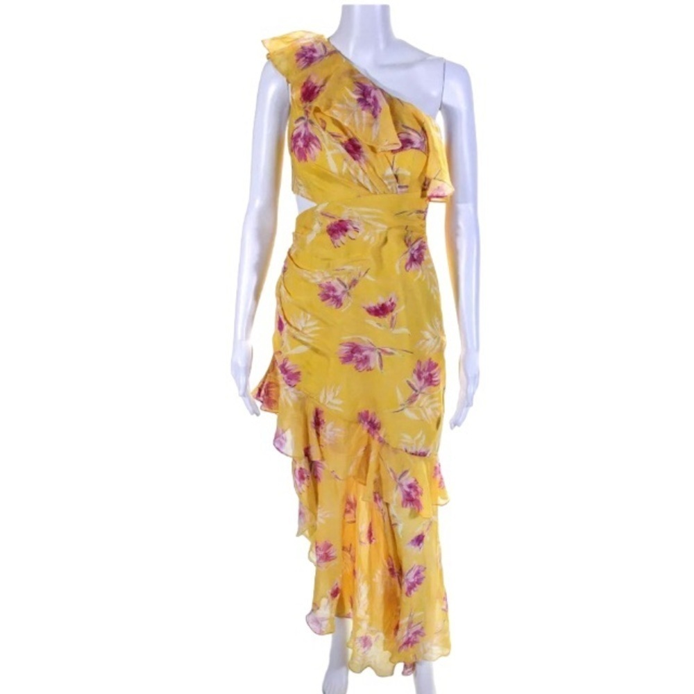 AMUR Vi Dress Size 0 Yellow Silk Floral Print Ruffle